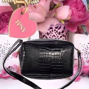 Elegant Black Croc Embossed ipsy Bag with Removable Strap + MYSTERY GIFT! *BNIP